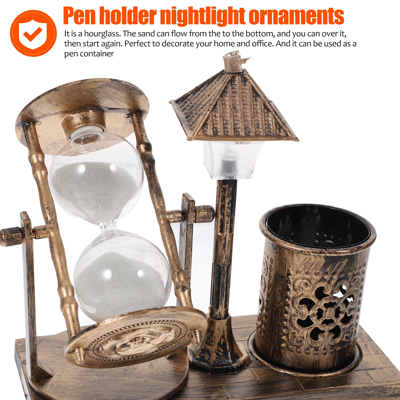 

Hourglass Pen Desktop Hourglass LED Sand Glass Lamp for Bedroom Office Desk Organize Pens CardsVintage Design Gift
