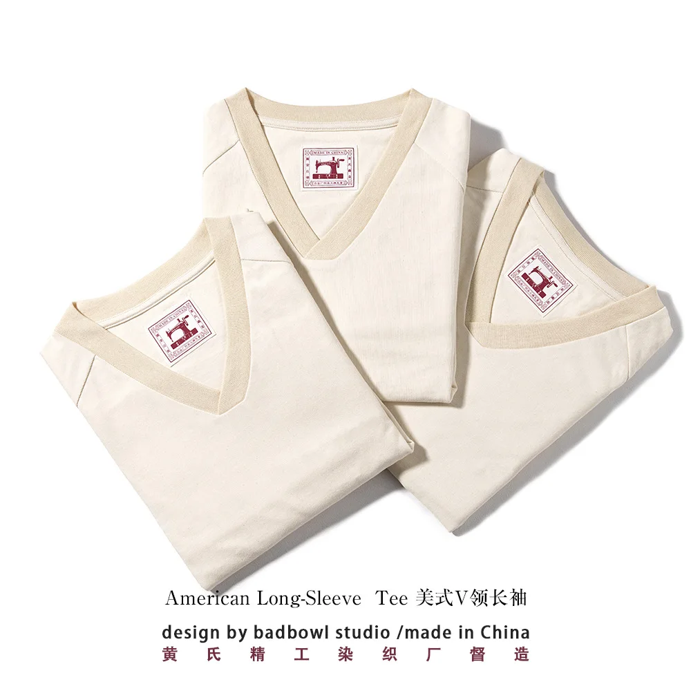 300G Combed Cotton Long Sleeved T-shirt for Men, V-neck Long Sleeved Base Shirt, Loose Basic Style