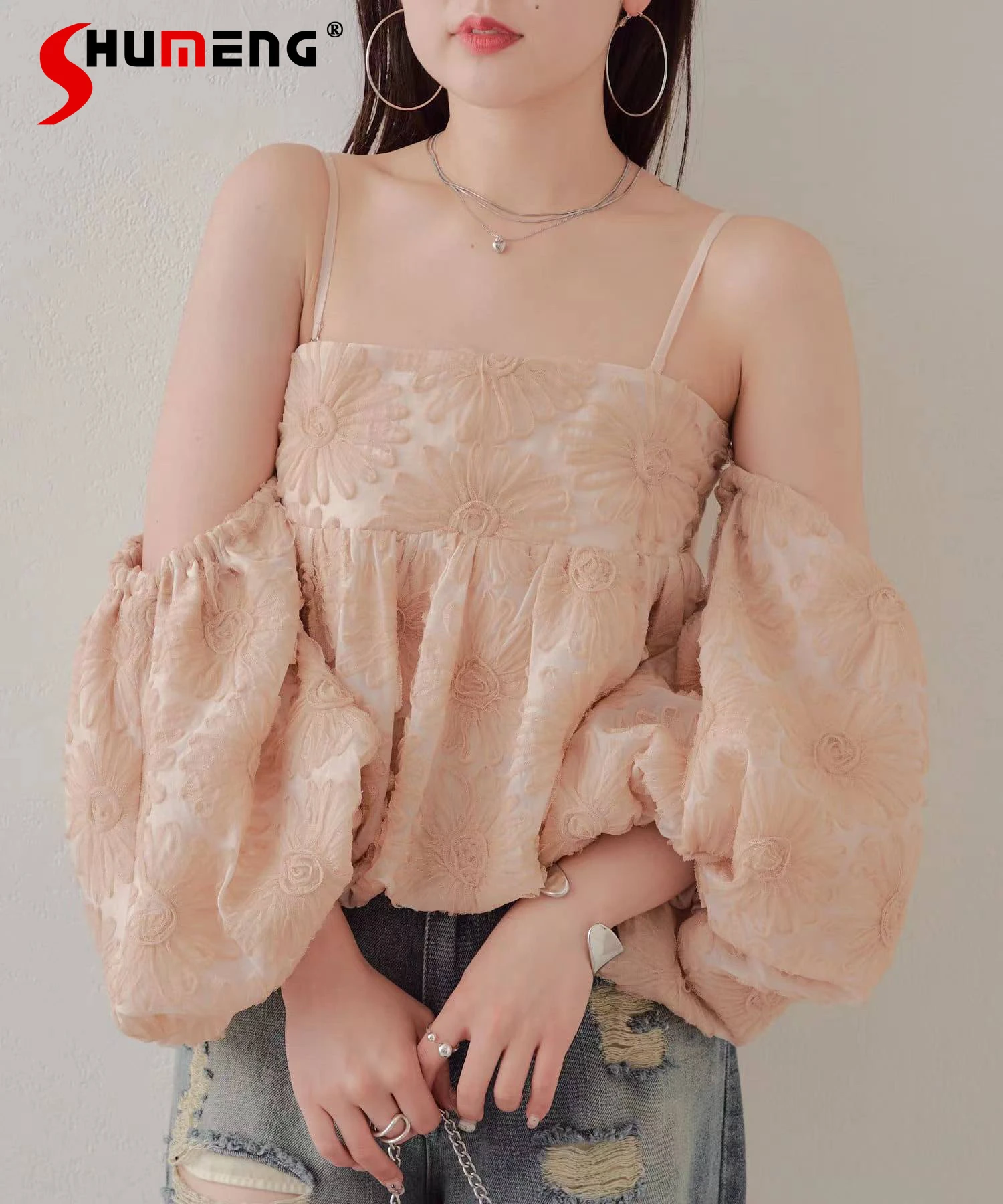 

Japanese Elegant Commuter Mesh 3D Cut Flower Square Collar Off-shoulder Puff Sleeve Suspender Tops Short Blouse Shirt For Women