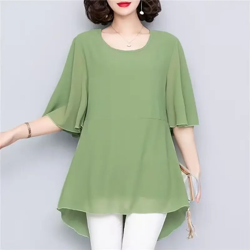 

Summer Korean Patchwork Solid Color O-neck Short Sleeve Chiffon Blouse Ladies Casual Ruffles Pullover Loose Women Shirts Z606