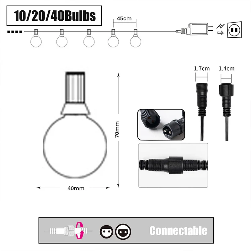 Guirnalda de luces LED G40 para exteriores, iluminación decorativa de 23M para Navidad, boda, calle, Patio y Patio trasero