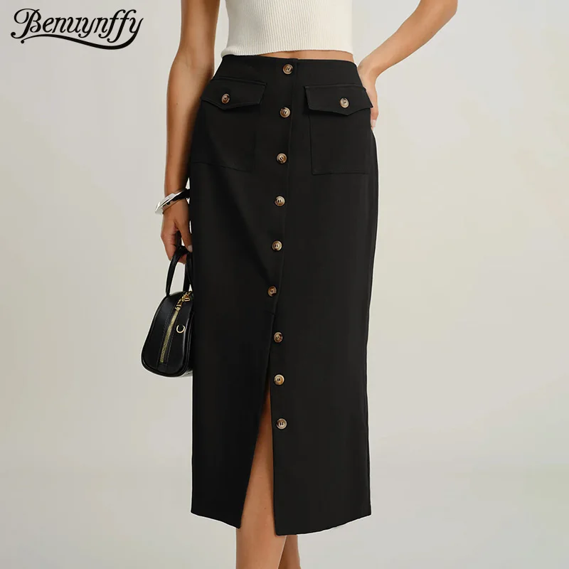 Benuynffy Women's Single Breasted Straight Long Skirt 2025 Autumn Retro High Waist Elegant Office Ladies Front Slit Skirts