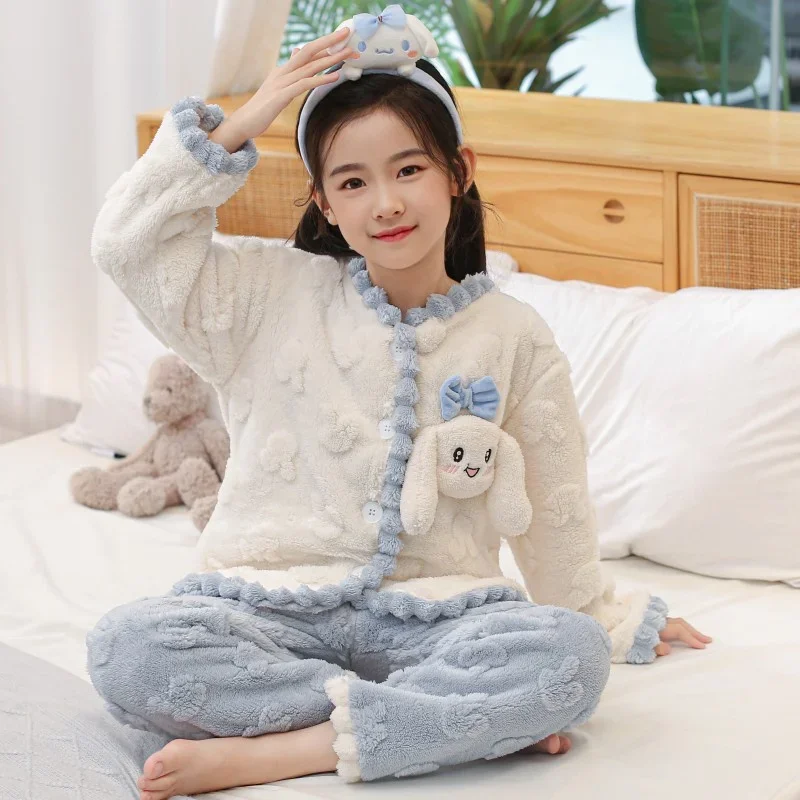 Anime Sanrio Winter Plush Pajamas Kuromi Cinnamoroll My Melody Children Pochacco Cute Coral Velvet Thickened Boy Girl Homewear