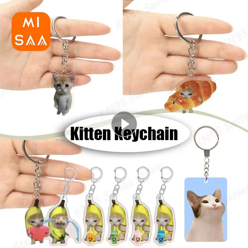 Creative Happy Banana Cat Acrylic Keychain Funny Small Animal Cute Cat Keyring Bag  Pendant Accessories Lanyard Key Chains Gift