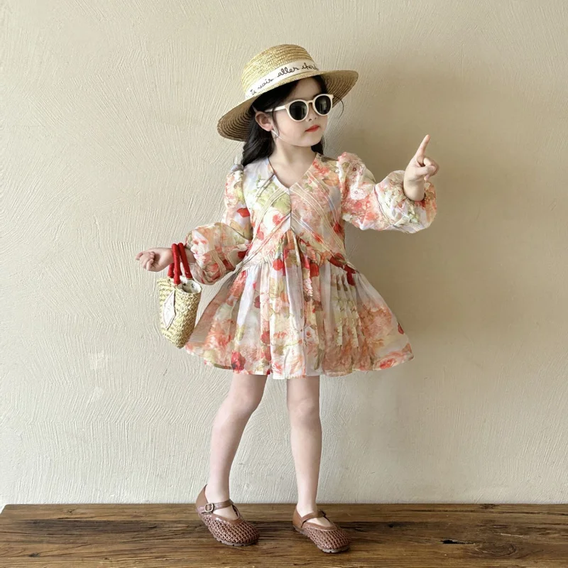 

A2025Girls NewVFloral Print Long Sleeve French Country Style Puff Sleeve Princess Dress