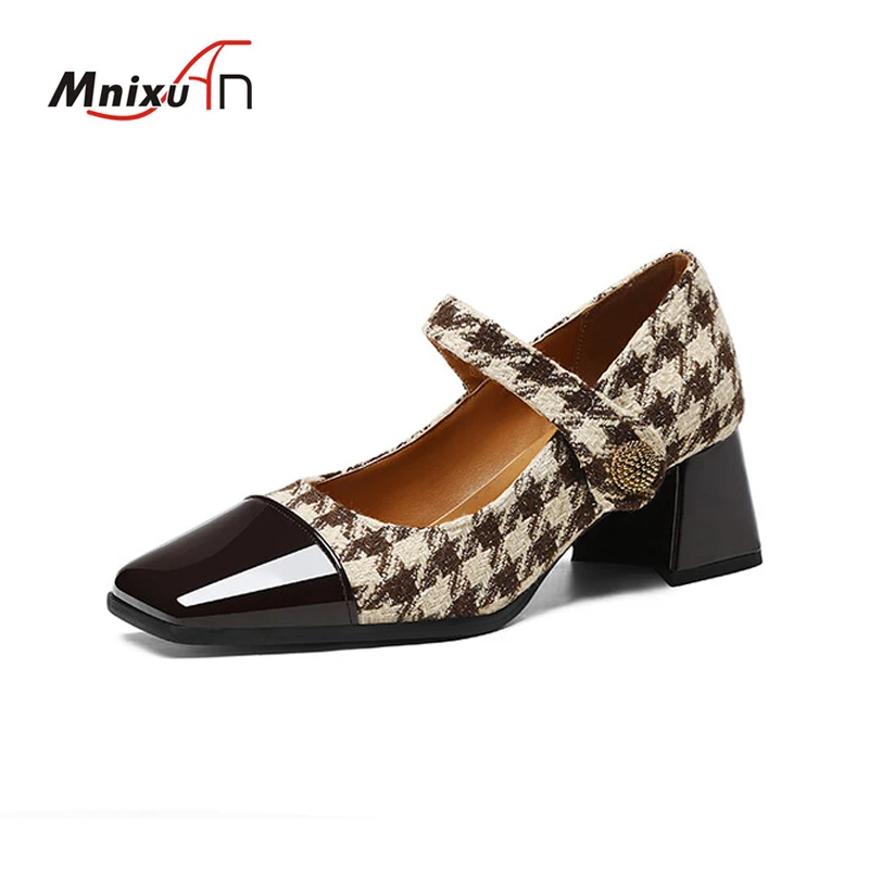 2024 New Women Retro Houndstooth Mary Janes Pumps Patent Leather Buckle Strap Block Thick Heeled Shoes Ladies Dress Spring 33-48