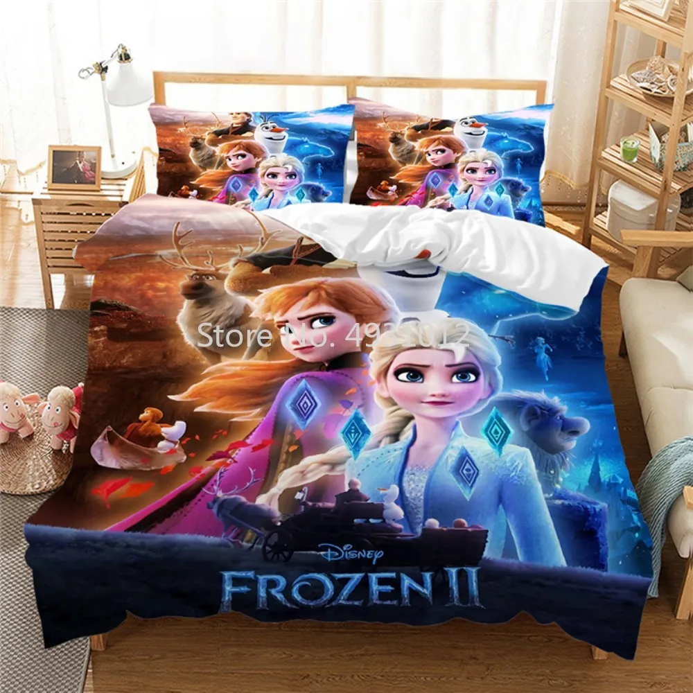 Disney Girl Cartoon Frozen Anna Elsa Bedding Set Queen King Size Bed Set Children Duvet Cover Pillowcase Comforter Bedding Sets