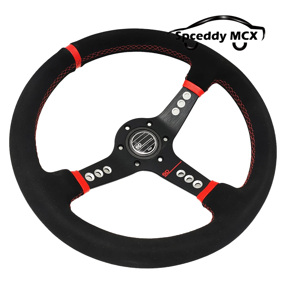 Red Sp* Car Steering Wheel 14inch Concave Suede Leather 350mm Racing Rally 9 Hole Spoke Steering Wheel