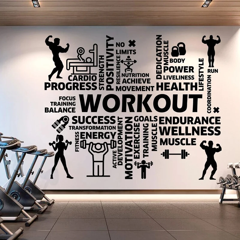 Workout Vinyl Gym Wall Decal, Inspirational Words, Gym Decal, Fitness Collage,  Motivational Art Decoration E610