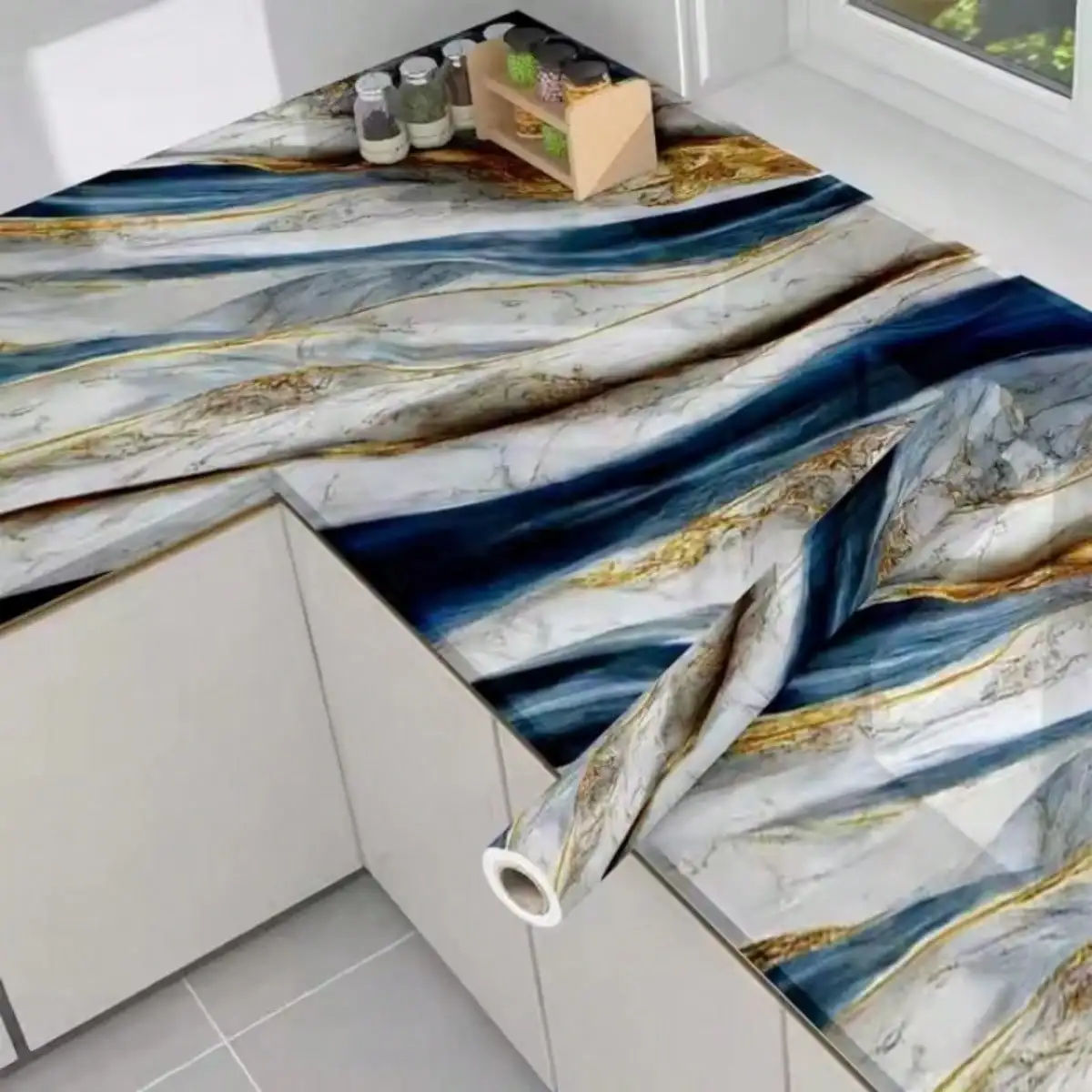 Glossy Fantasy Blue Marble Self Adhesive Removable Wallpaper Waterproof Oil Proof Heat Resistant Contact Paper for Kitchen Decor