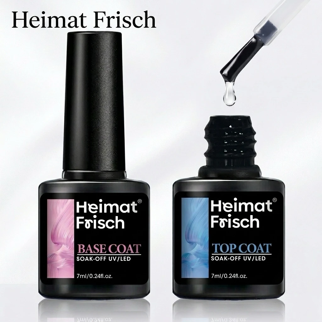Le vernis à ongles Heimat Frisch gel, composé d'un base coat et d'un top coat, peut être utilisé pour une variété de créations de nail art.