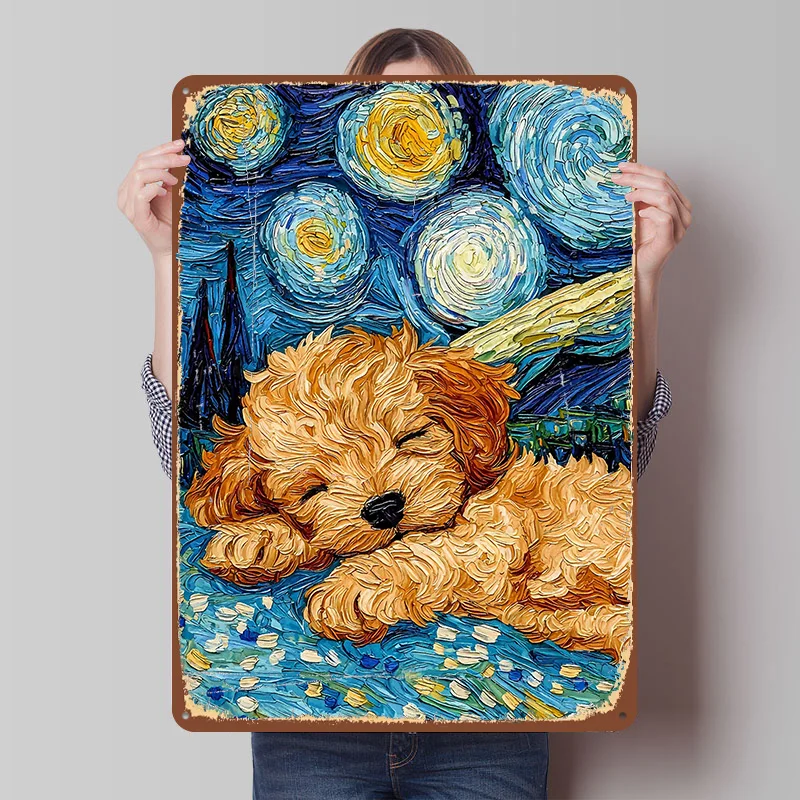 Cavoodle Welpen Schlafend Poster Personalisierte Wandkunst Vintage Metallschilder Retro Blechschild für Männerhöhle Gaming-Raum Dekoration Gemütlich