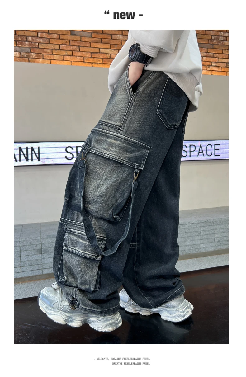 Jungen Retro-Jeans Frühling Herbst Neue Teenager Kinder Street-Style Lässige Gerade Weite Hose Kinder Cargo Denim-Jeans – Detail 3