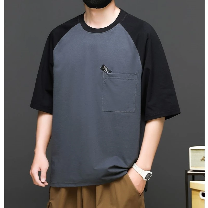 Men's Oversized T-shirt XL-10XL 2024 Summer Color Blocking Short Sleeve Tops Breast Pocket Round Neck Loose Fat Men T-shirt