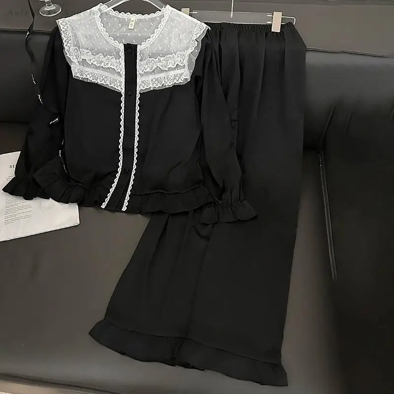 

Sexy Lace Patchwork Pajamas Sweet Round Neck Sleepwear Loose Casual Women's Home Clothes Pijamas Suit Silky Satin Nightwear
