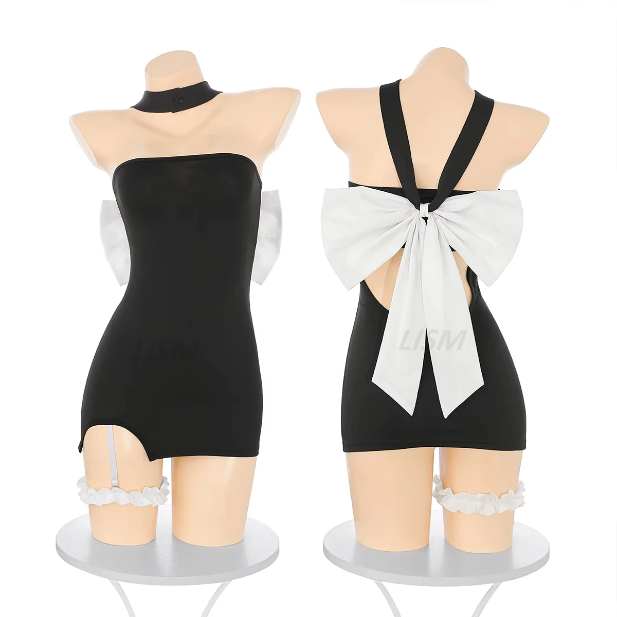 

Women Black Strapless Lingerie Dress Set with White Bow Back Choker Ruffled Garter Intimate Two-Piece Costume Hot Sexy
