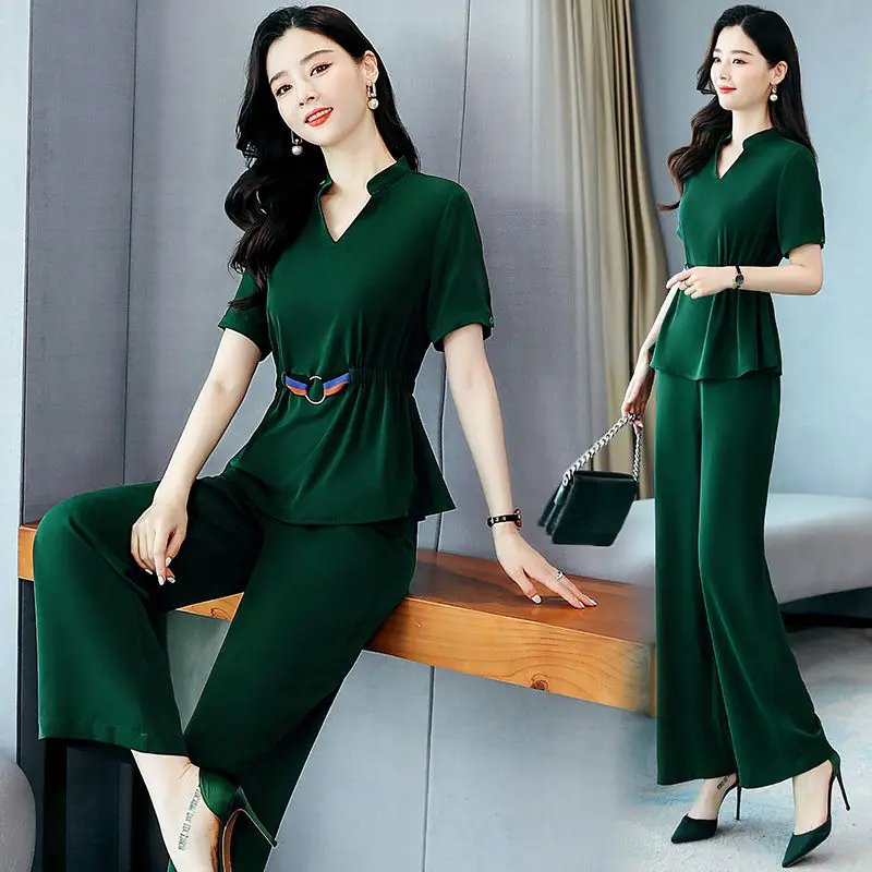 2022 New Spring and Summer Women\'s Suit Korean Fashion Casual Temperament Short Sleeve Wide Leg Pants Two-piece Set