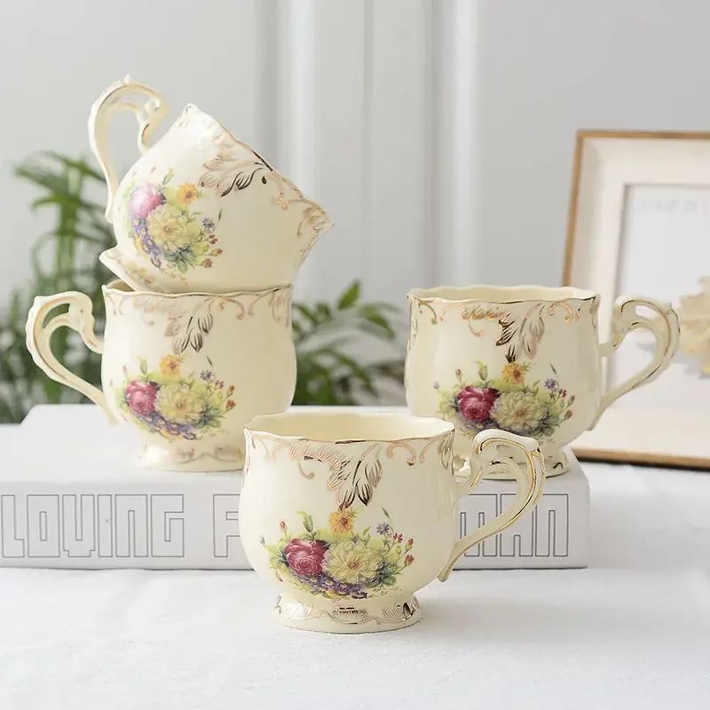 Vintage Coffee Cup Saucer Set Hand Painted Tea Cup Rose Flower Carving Craft Dishes and Plates Coffee Spoon Fruit Fork Tableware