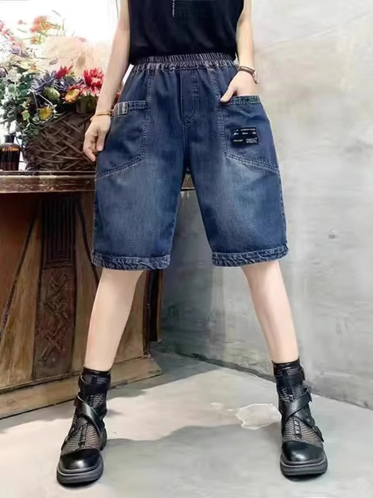 여름 빈티지 웨이드 데님 5부 바지 여성용 루즈 슬림 하란 캐주얼 얇은 하이웨이스트 6피트 청바지 랜턴 팬츠