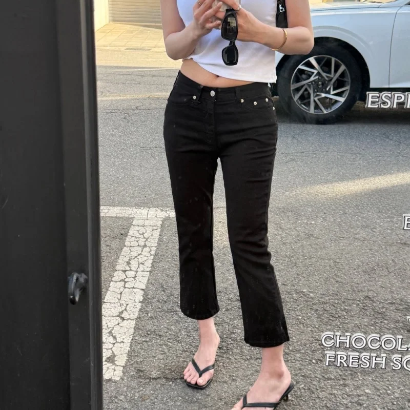 Nimo Home High Waist Bell Bottom Seven Inch Pants Double Sided Buckle Cotton Jeans Women's Summer Standard Fit No Stretch