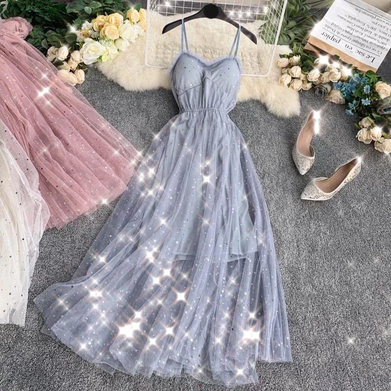 Summer Women\'s Dress French Retro Solid Color V-neck Sequined Mesh Sling Dress New Waist Slimming Female Dresses HH183