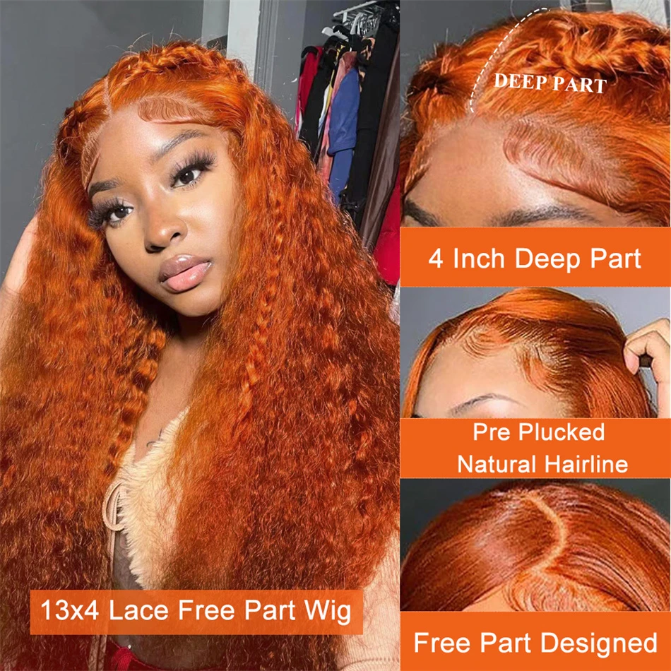 Ginger Orange 13x5 Lace Frontal Wigs Human Hair 350 Deep Wave Lace Wig 180% Water Wave Remy Brazilian Burnt Orange Wig For Women