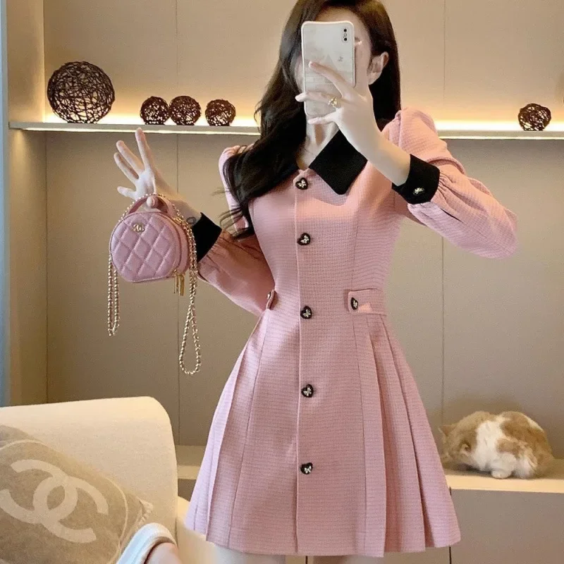 French Tweed Style Dress Women's Pink Autumn New Petite Waist-Fitted Slimming Jacket Trendy Commuting Garment