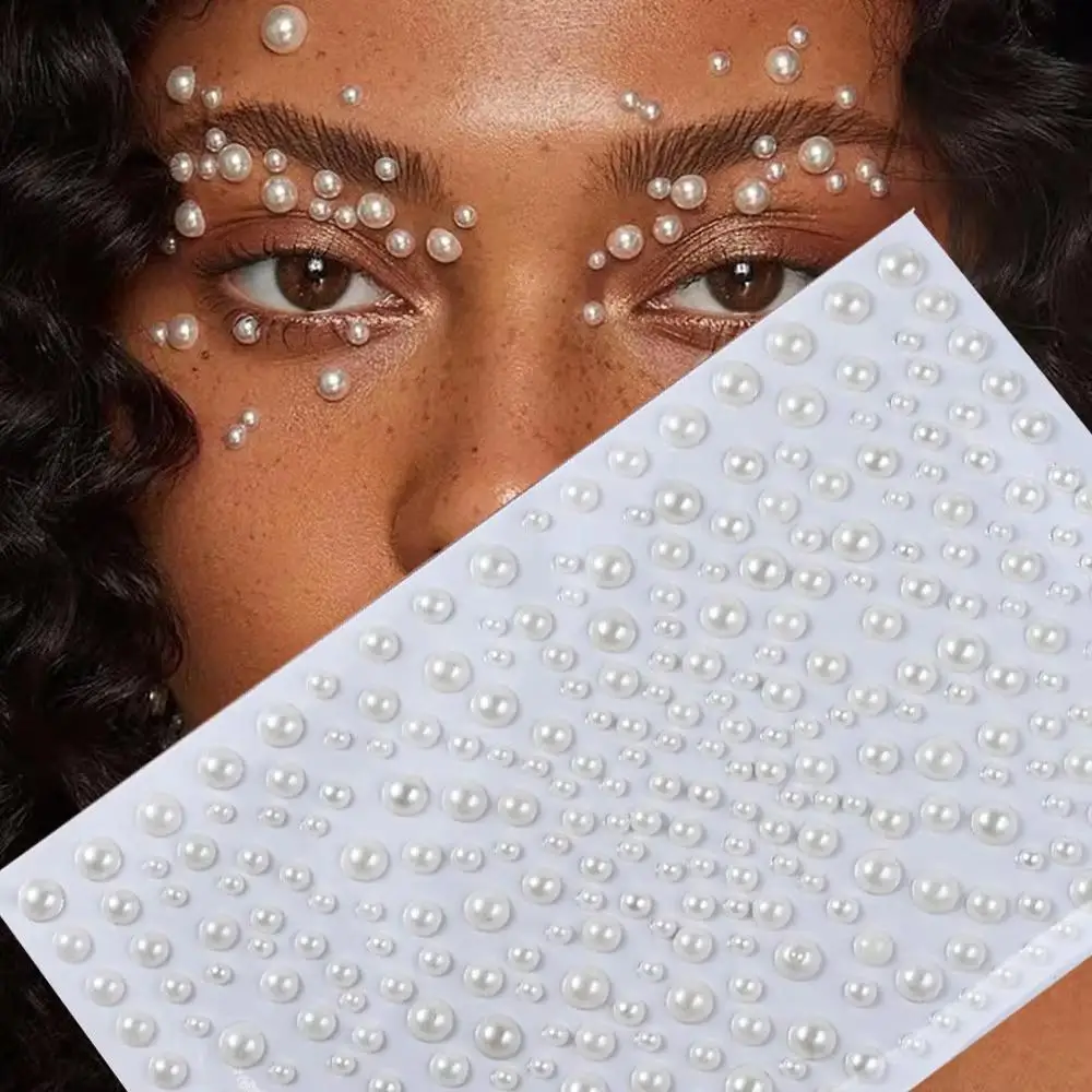 1sheet White Pearl Rhinestones Face Eye Stickers 3D Self-adhesive Half Round Pearl Beads Jewel Face Body Nail Hair Pearl Sticker