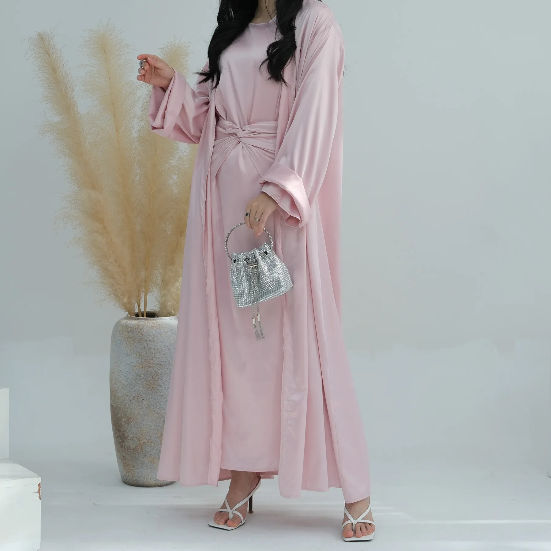 Moyen-Orient couleur unie femmes musulmanes turquie dubaï trois pièces ensemble Abaya Robe