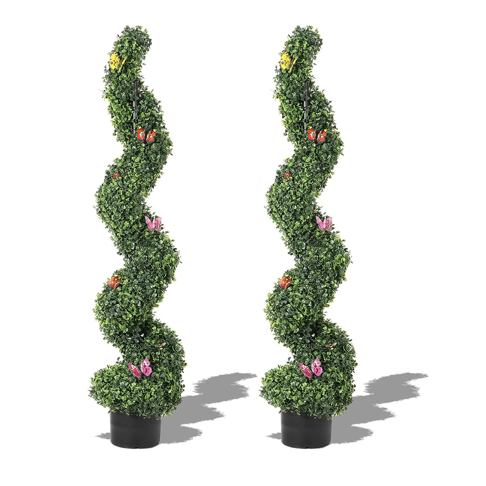

2 PCS Artificial Spiral Topiary Trees UV Resistant Artificial Outdoor Plants with Straw Bag Front Door Plant Outdoor Topiary