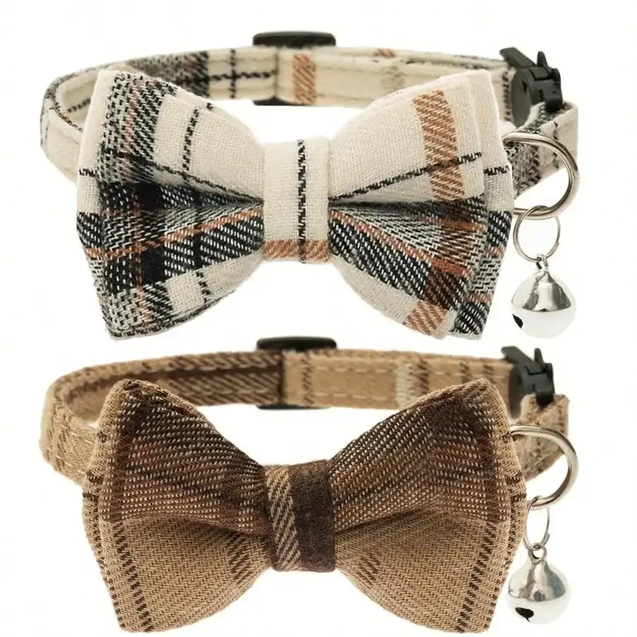 Cat Collar With Bow Tie, Adjustable Anti-Choking Buckle, British Plaid Pattern Pet Collar For Cats