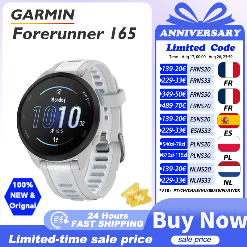 GARMIN Forerunner 165 Puls Ox Sensor Stress Tracking Handgelenksbasierte Laufdynamik Handgelenksbasiertes Herzfrequenz-Kreuztraining
