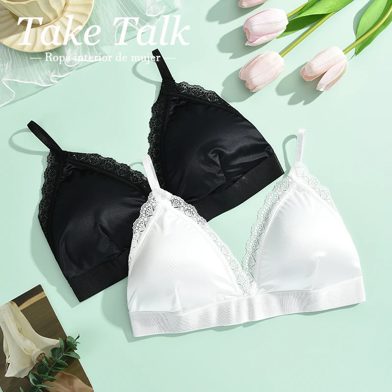 Women Sexy Bras Lace Satin Brassiere Female Padded Push Up Bras Ladies Solid Color Wireless Tank Top Sleepwear Soft Lingerie