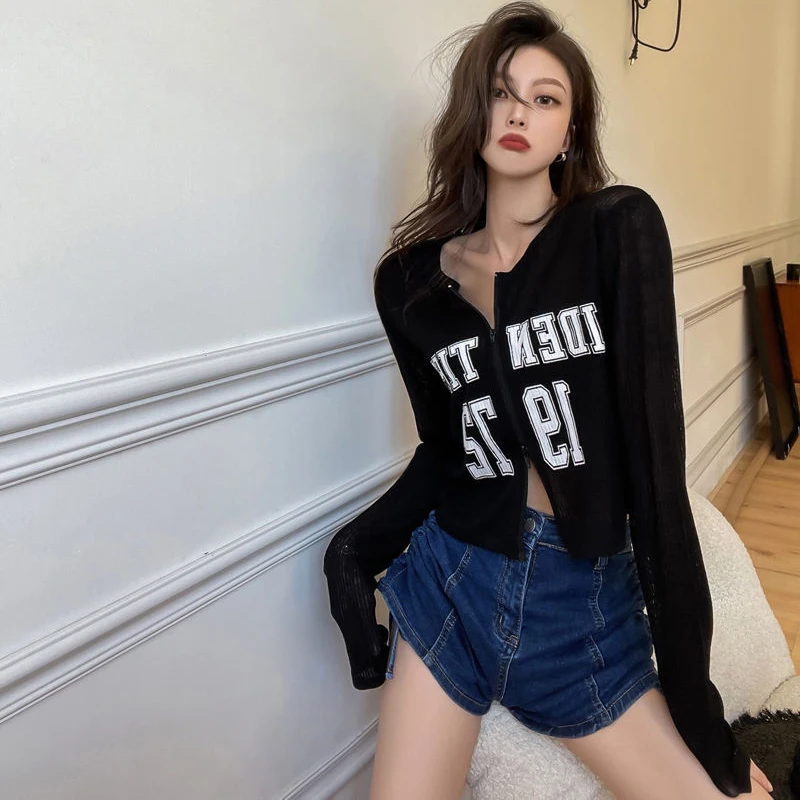 Fashion Printed Crop Sun Protection Blouse Women Summer Loose Thin Knitted Cardigan Korean Chic Zipper Air Conditioning Shirt