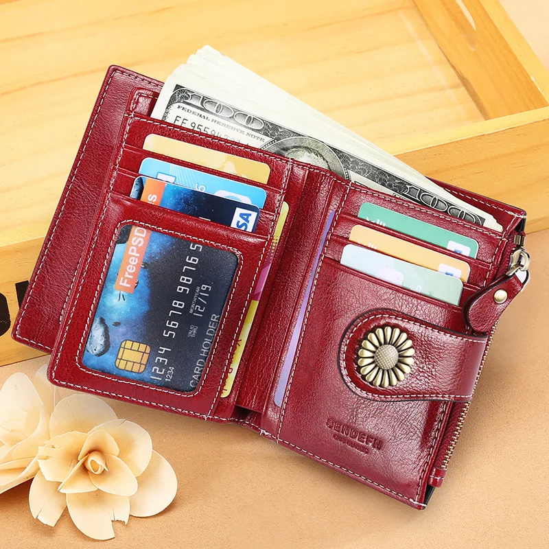 2022 New Short Women Wallets Genuine Leather Zipper Coin Pocket Female Wallet High Quality Card Holder Photo Holder Women Purse