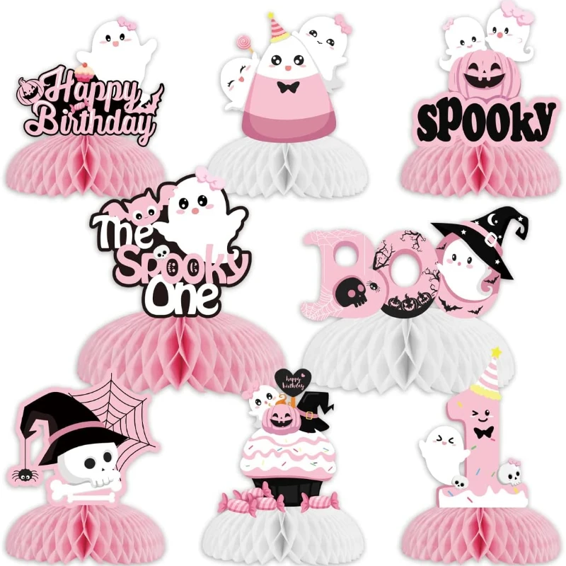 

Funmemoir Halloween The Spooky One Honeycomb Centerpieces Pink Halloween Table Decorations for Girls 1st Birthday Party Supplies