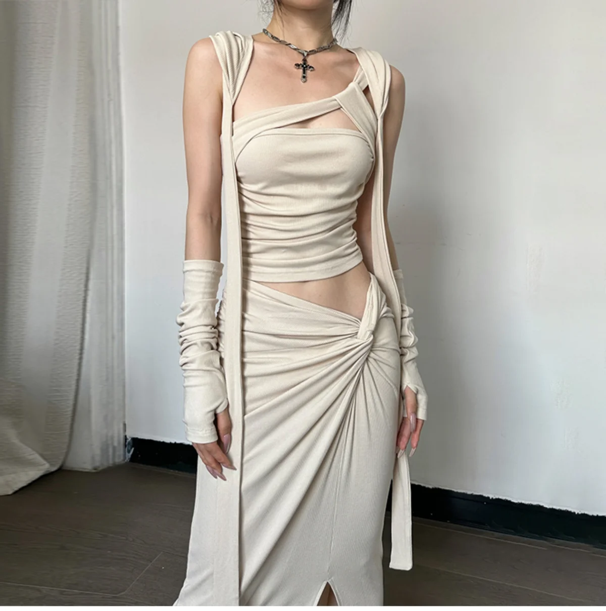 Suit Slanted Shoulder Strap Top Hooded Side Slit Slimming Half-Length Skirt Wasteland Style Fashion Suit For Women