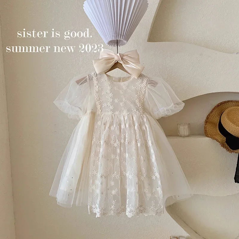 Korean Style New Summer Princess Dress Round Collar Short Sleeves Solid Color Dresses with Lace Children Clothing E23023