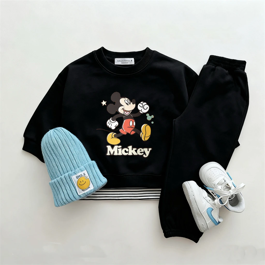 2 3 4 5 6 سنوات ملابس أطفال أسود رقبة مستديرة هوديس فضفاض السراويل الرياضية مجموعات الأولاد نمط جديد الكرتون البلوفرات Sweatpants سوداء