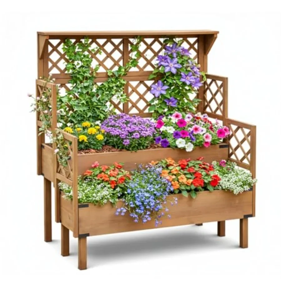 Elevated Raised Garden Bed with Trellis and 2 Planter Boxes, Planter Box with Drainage Slits Liner and Top Shelf, for Climbing
