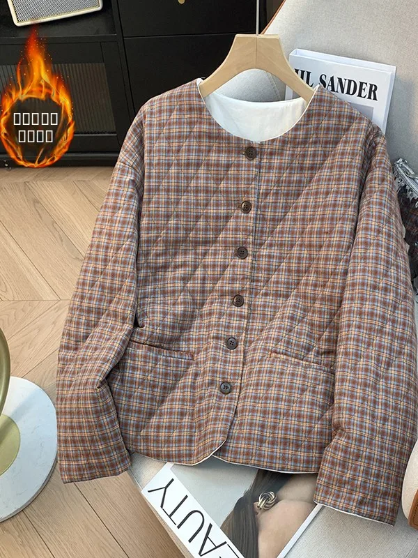 

Retro Artistic Plaid Cotton Jaet Women's Winter New round Ne Thiened Warm Cotton Coat Outerwear Comfortable Loose Fit