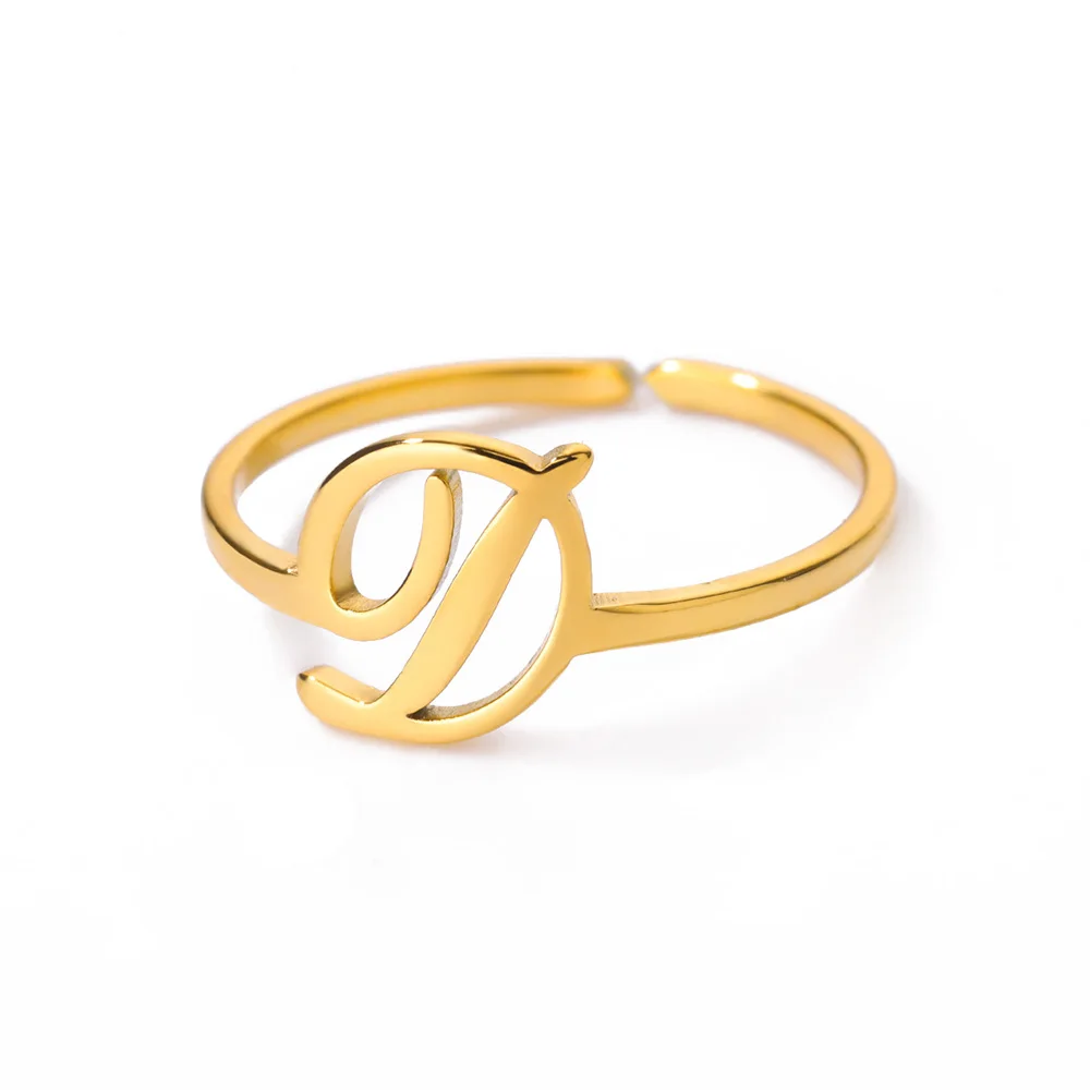 Initial Letter Rings for Women, Gold Color Adjustable A-Z Ring