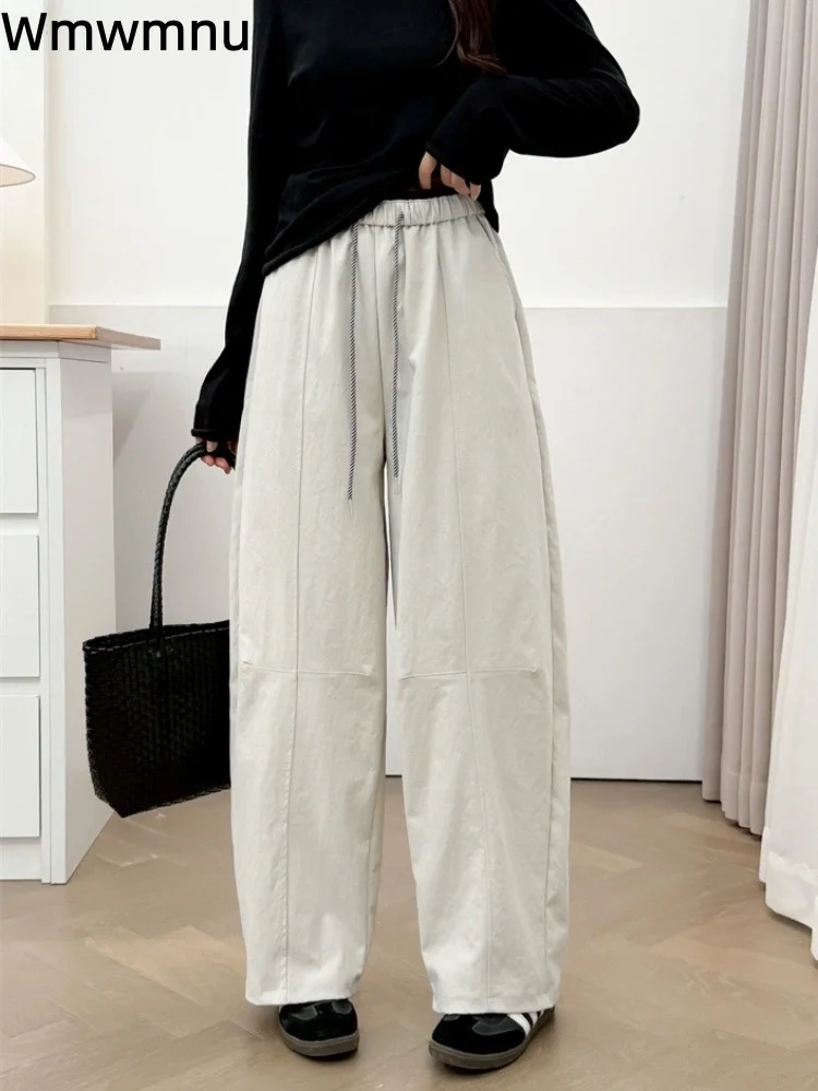 Elastic Patchwork Drawstring Pants Women's Casual Fashion Wide Leg Pantalones Lace-Up Straight Spliced Loose Trousers Spodnie