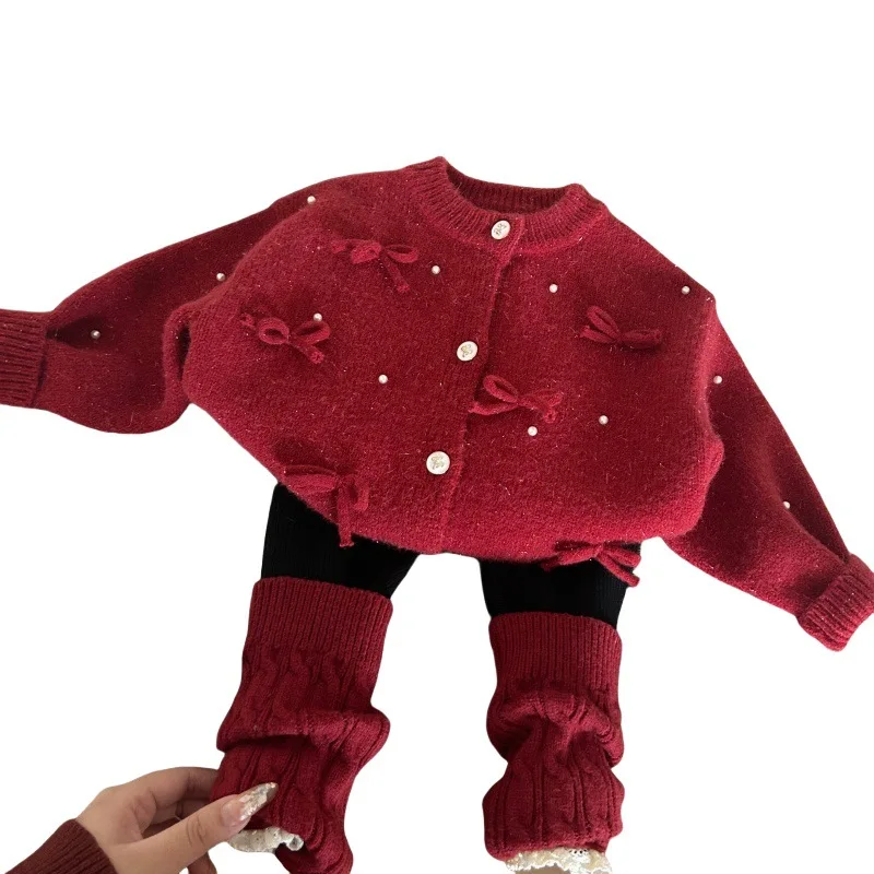 Children's Clothing New Winter Girls Thickened New Year Sweater Cardigan Pile Socks Fleece Lined Leggings Set