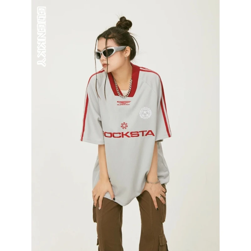 Retro Letter Print T-Shirt Women American Loose Oversized Sport Short Sleeve Tops Female Color Block Fashion V-neck Tees Summer