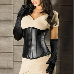 Black Faux Leather Zip Underbust Corset Bustier Women Waist Cincher