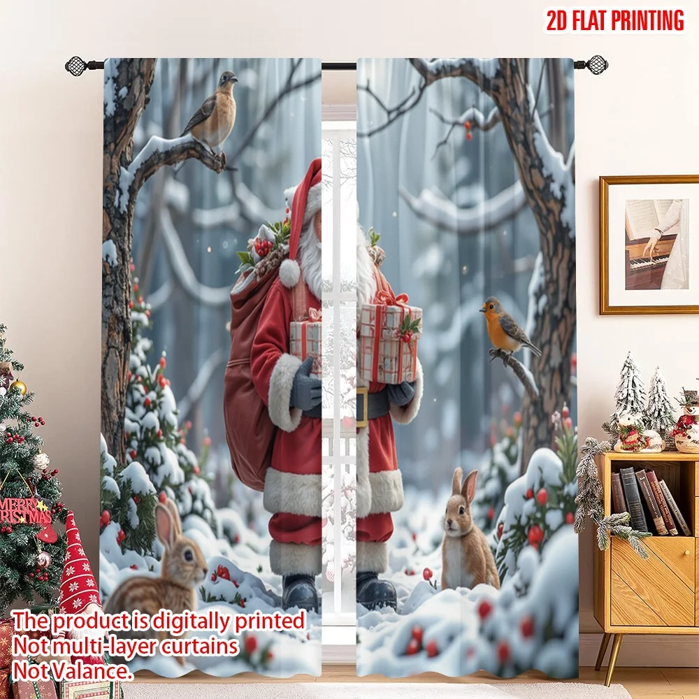 

2pcs 2D flat printing Christmas Curtains Santa Forest Birds Rabbits Polyester Without Electricity Birthday Party for Holiday