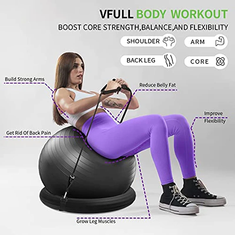 Fitness Yoga Ball Chair Exercis Stability Ball Chair with Inflatable Stability Base & Resistance Bands for Home Gym Office