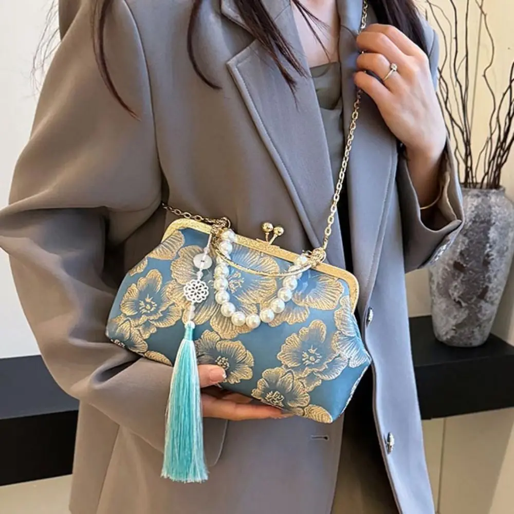 

Flower Pattern Chinese Style Handbag Shoulder Cheongsam Accessories Hanfu Clutch Bag Elegant Kiss Lock Embroidery Banquet Bag