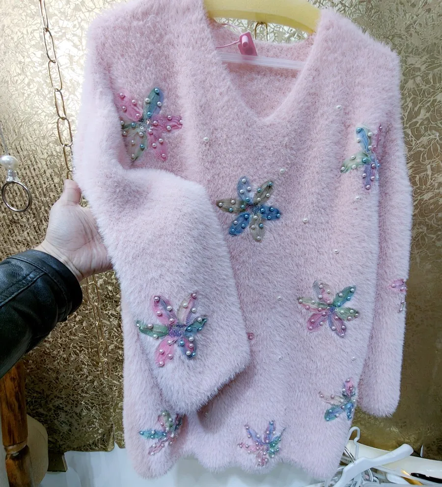 Luxury Style Sequined Beaded Flowers Thick Faux Fur Warm Sweater For Women Long Sleeve Winter V-neck Pink Knitwear Pullovers